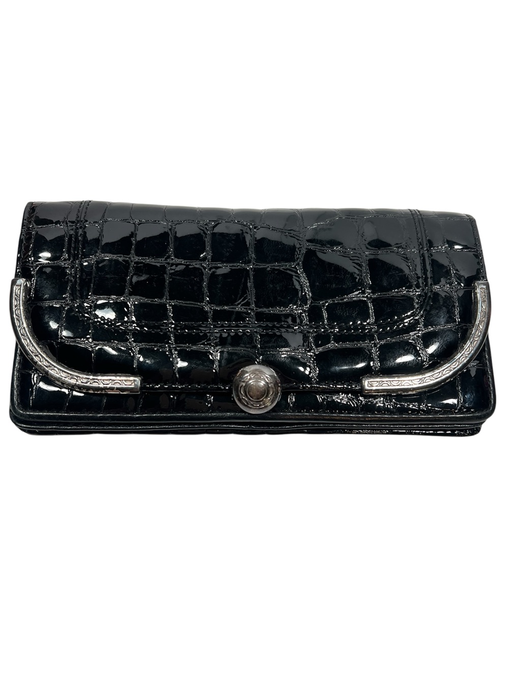 Vtg Brighton Womens Wallet Patent Crocodile Print Snap Flap Card Slot